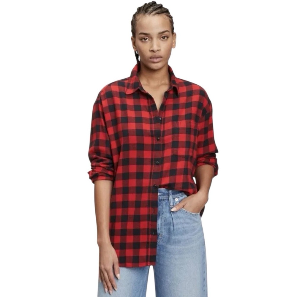 GAP Women's Oversized Flannel Shirt Button Down Buffalo Plaid Red Black XL Fall